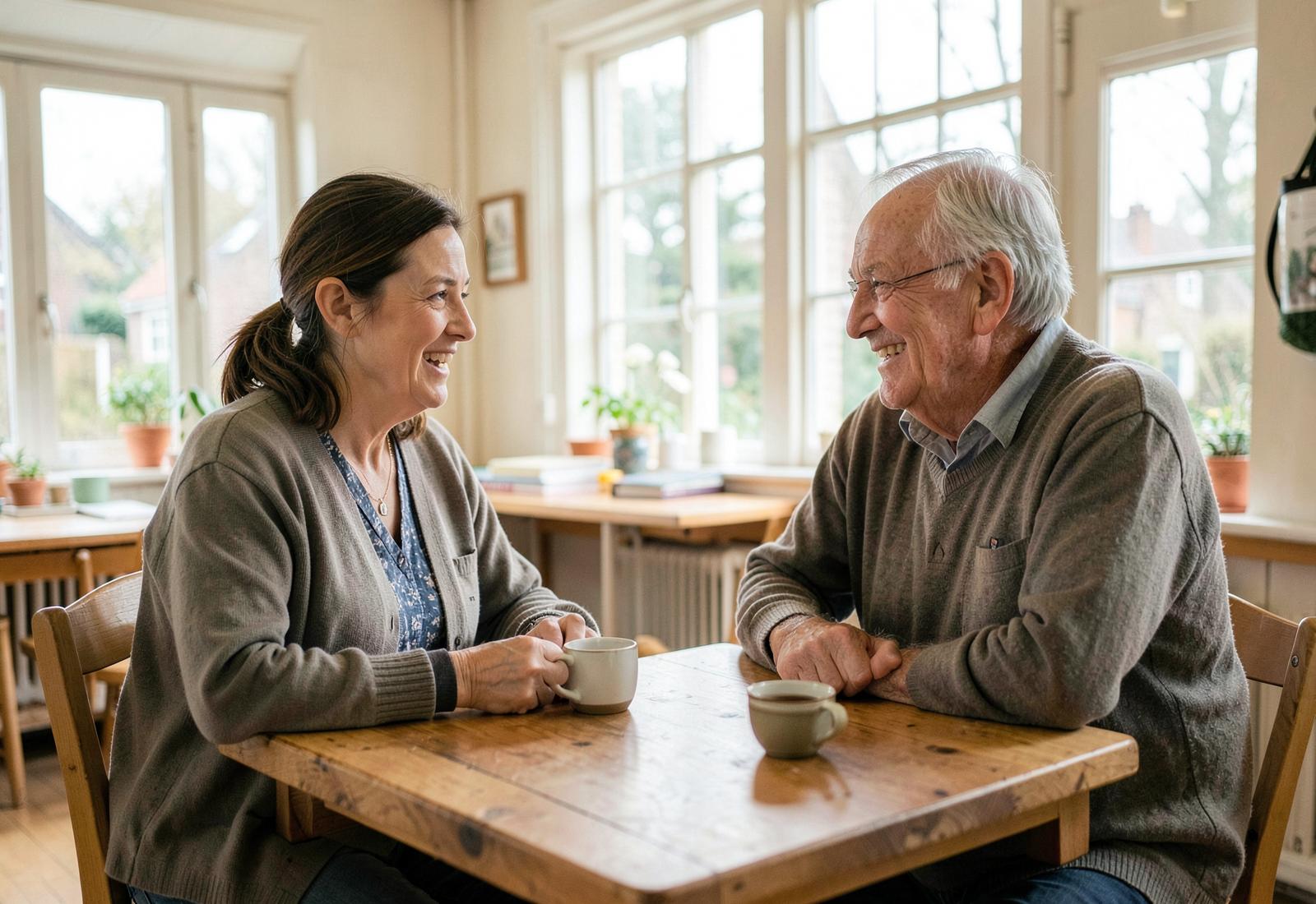 Een sociaal werker praat met een inwoner